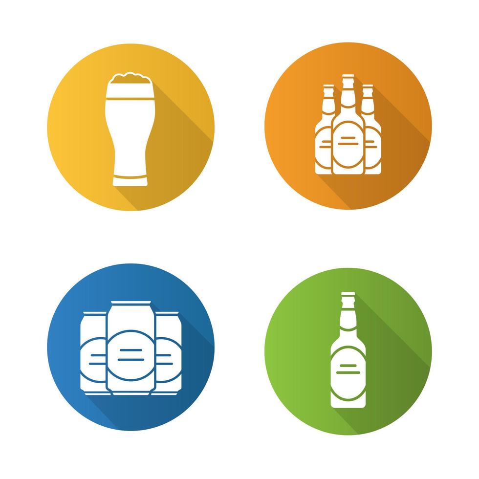 conjunto de ícones de longa sombra de design plano de cerveja. garrafas de cerveja, vidros e latas cheios de espuma. símbolos de silhueta de vetor