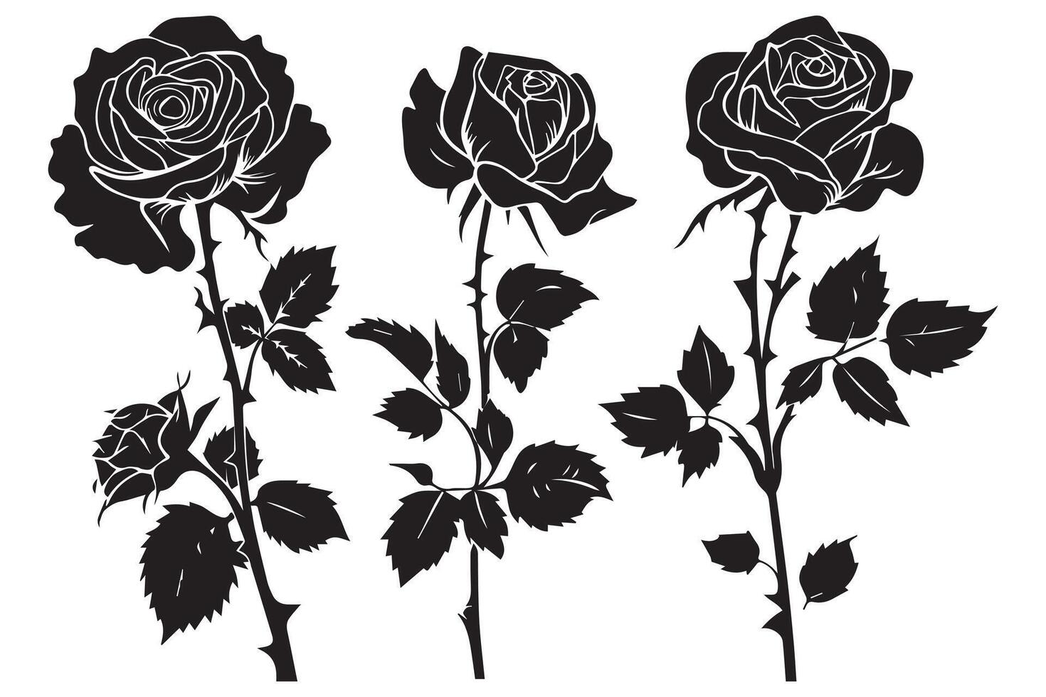 rosa flor Preto silhuetas isolado em uma branco fundo, conjunto do decorativo rosas com folhas clipart vetor