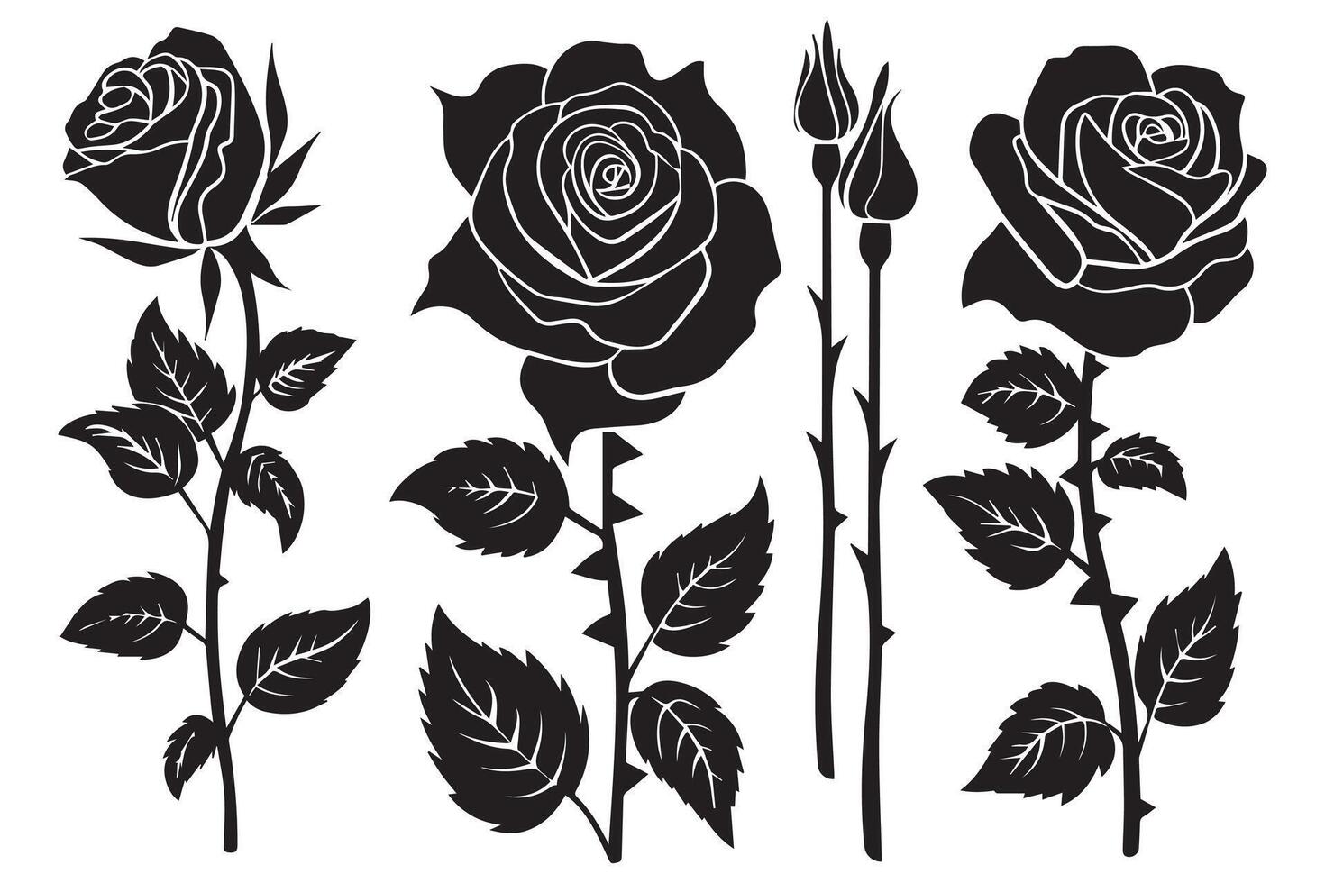 rosa silhuetas ilustração. Preto brotos e hastes do rosas estênceis isolado em branco fundo vetor