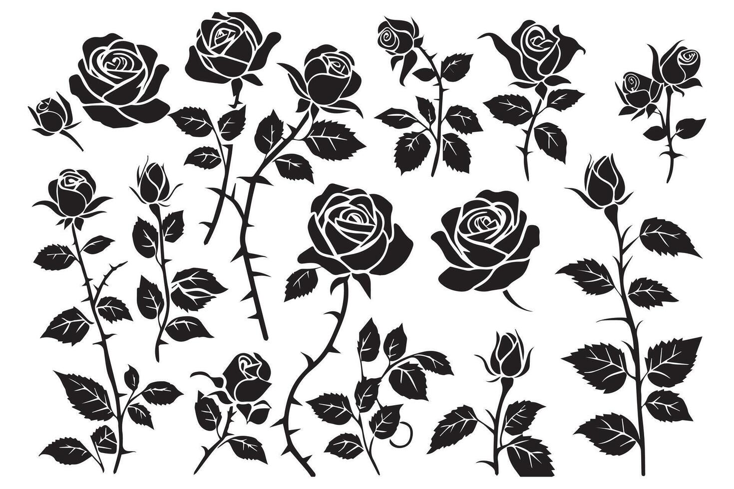 rosa silhuetas ilustração. Preto brotos e hastes do rosas estênceis isolado em branco fundo vetor