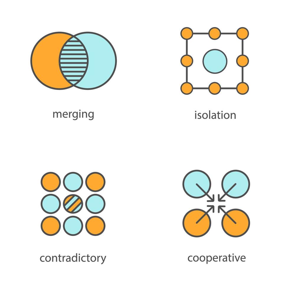 conjunto de ícones de cores de símbolos abstratos. conceitos de fusão, isolamento, contraditórios, cooperativos. ilustrações vetoriais isoladas vetor