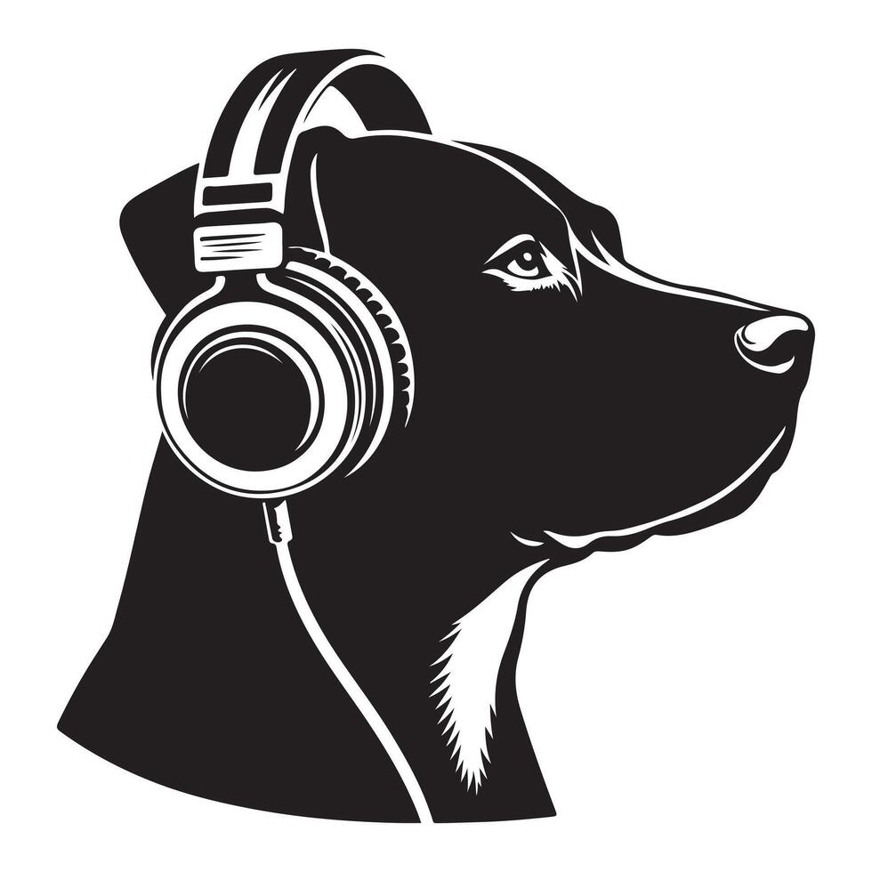 cachorro dentro fones de ouvido ouvindo para música, Preto cor silhueta vetor