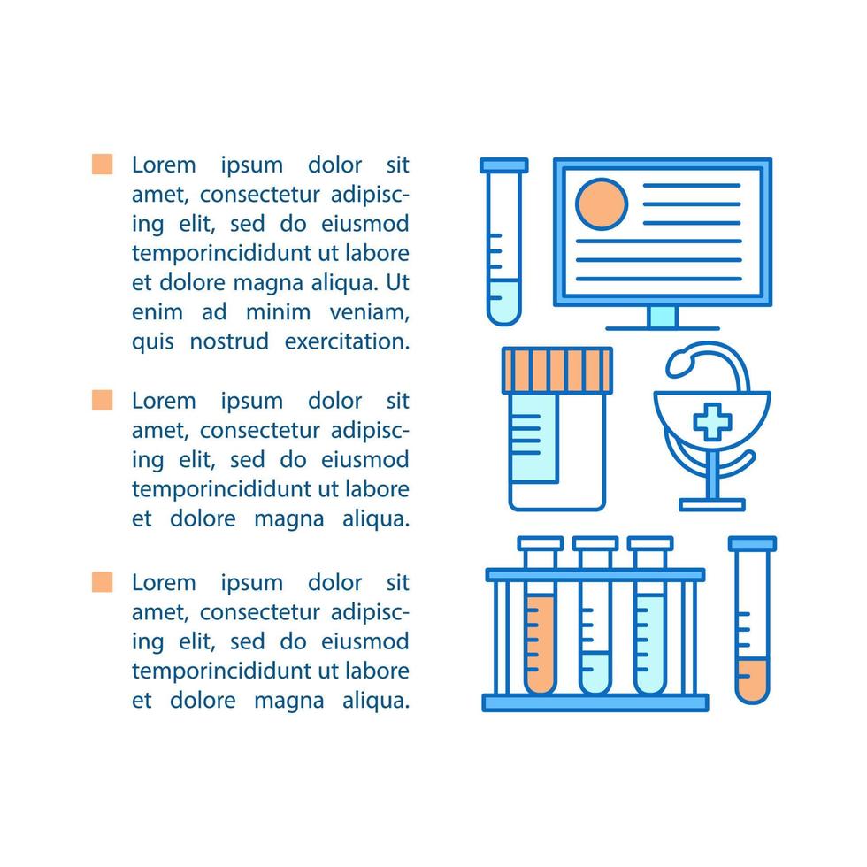 modelo de vetor de página de artigo de medicina. serviços médicos. cuidados de saúde. diagnósticos de laboratório. folheto, revista, elemento de design de livreto com ícones lineares e caixas de texto. ilustrações de conceito com espaço de texto