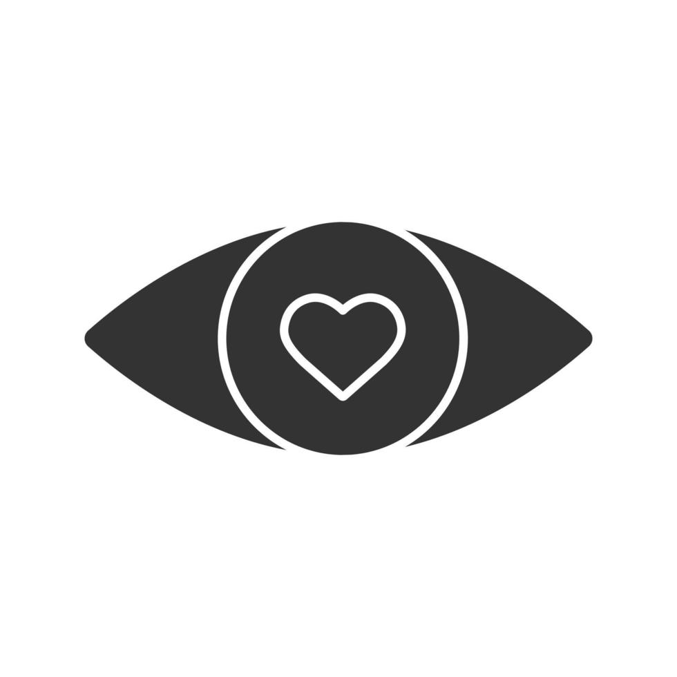 olho humano com coração dentro do ícone de glifo. símbolo da silhueta. apaixonado. espaço negativo. ilustração isolada do vetor