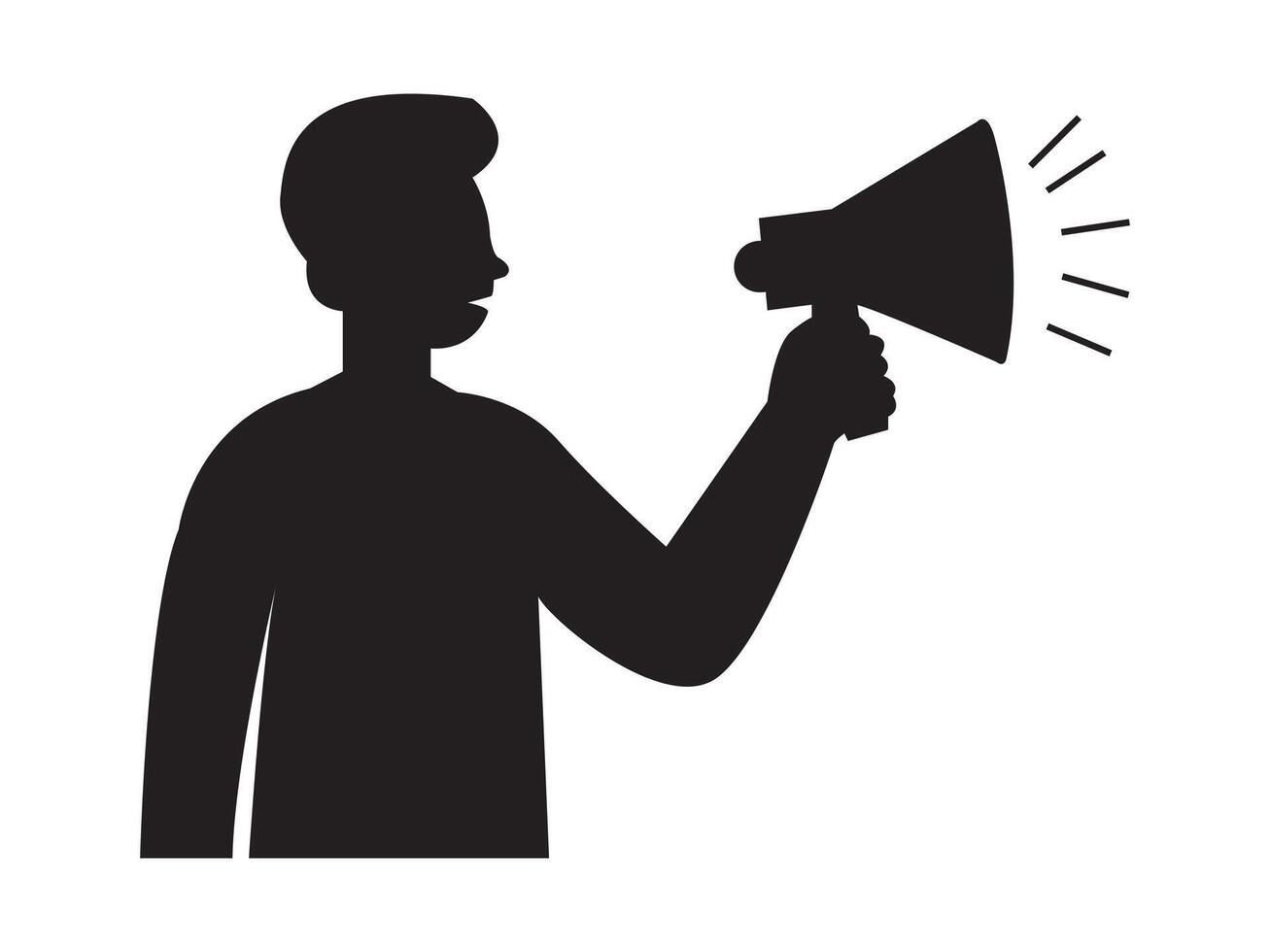 o negócio homem gritando com uma megafone Alto-falante. publicidade anúncio chore em formação conceito Preto silhueta vetor