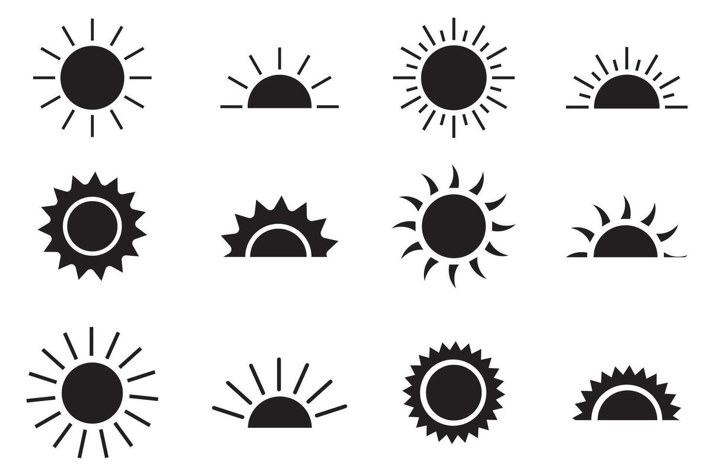 Sol ícone definir, Sol símbolo , Preto sóis Estrela ícones coleção. verão, luz solar, natureza, céu pôr do sol vetor