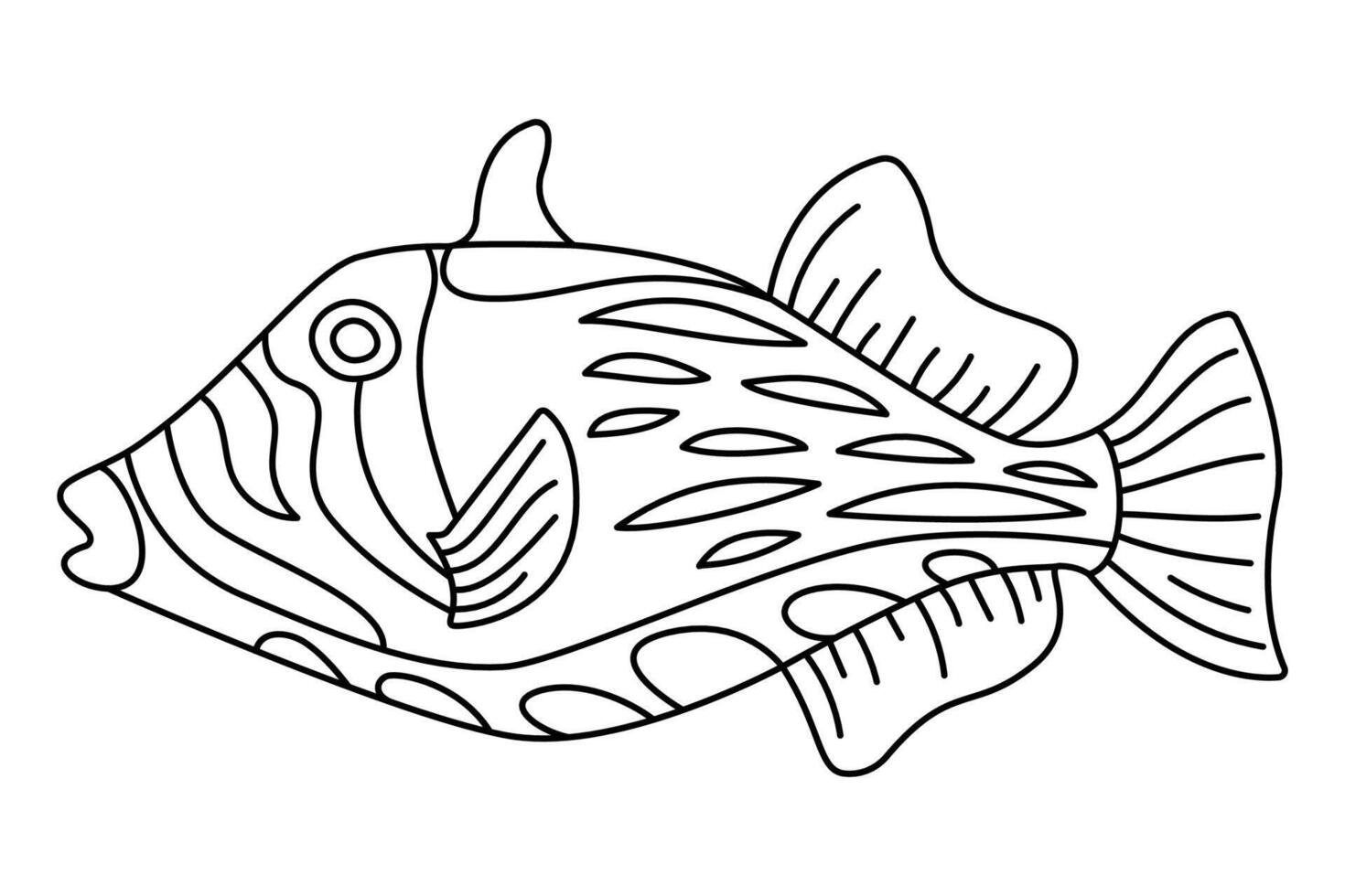 tropical peixe. simples mão retirou. isolado em branco fundo. rabisco peixe linha arte desenho. arte terapia coloração página para crianças e adultos. Preto e branco ilustração vetor