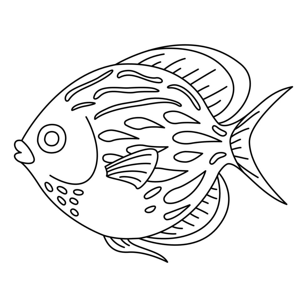 tropical peixe. simples mão retirou. isolado em branco fundo. rabisco peixe linha arte desenho. arte terapia coloração página para crianças e adultos. Preto e branco ilustração vetor