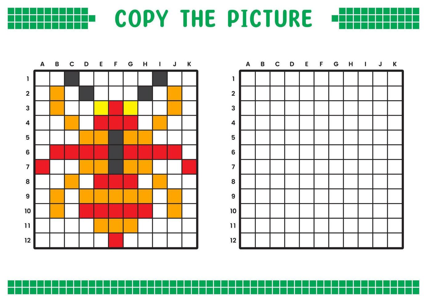 cópia de a foto, completo a rede imagem. educacional fichas de trabalho desenhando com quadrados, coloração célula áreas. crianças pré escola Atividades. desenho animado, pixel arte. formiga ilustração. vetor