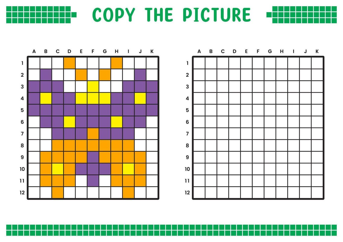 cópia de a foto, completo a rede imagem. educacional fichas de trabalho desenhando com quadrados, coloração célula áreas. crianças pré escola Atividades. desenho animado, pixel arte. colorida traça ilustração. vetor