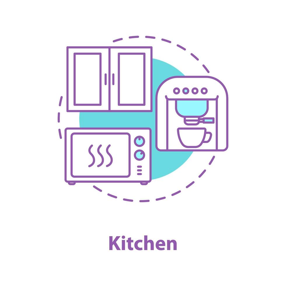 ícone do conceito de interior da cozinha. ilustração de linha fina de ideia de design de quarto. móveis de cozinha e eletrodomésticos. cafeteira, forno microondas, armário. desenho de contorno isolado de vetor