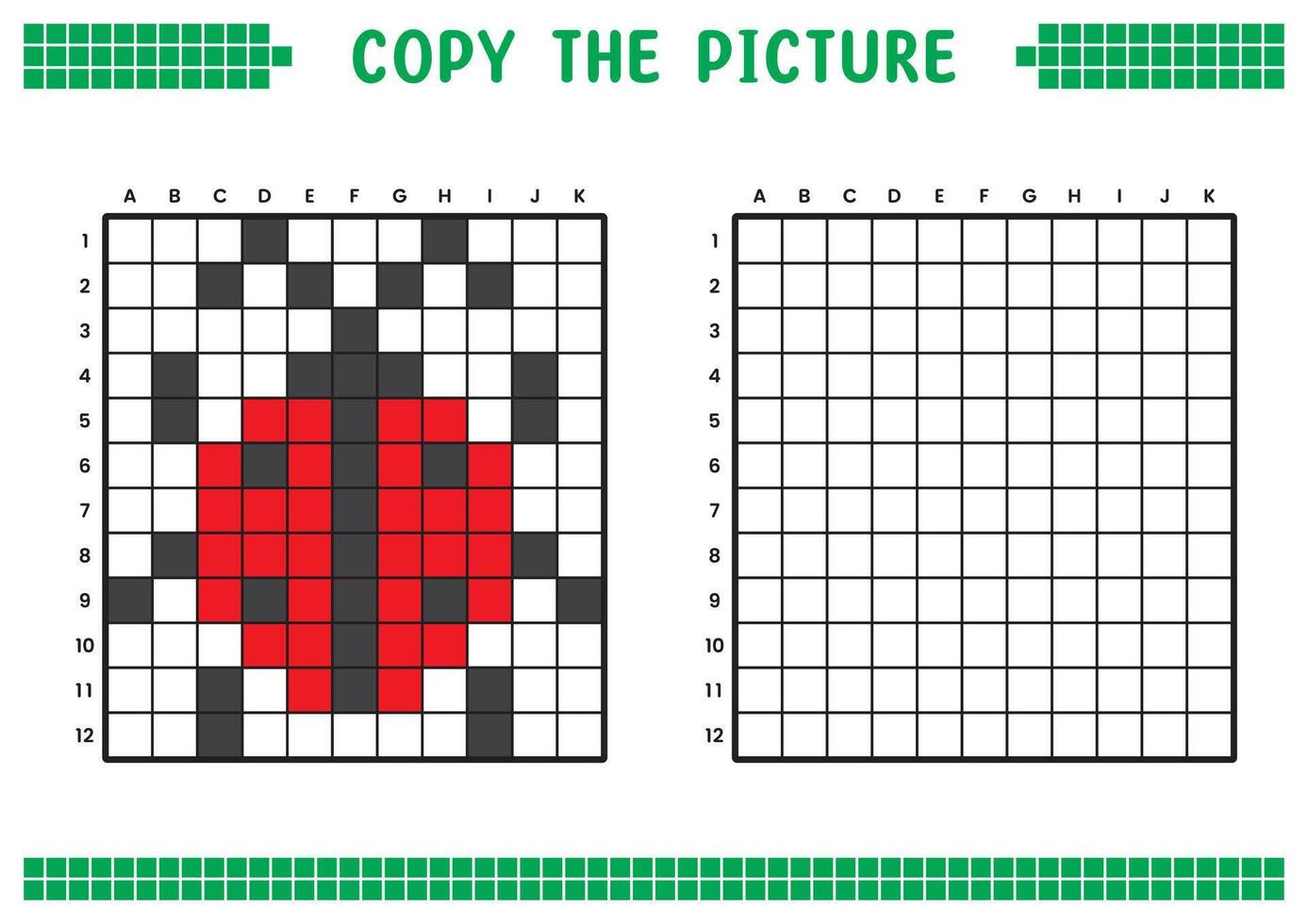 cópia de a foto, completo a rede imagem. educacional fichas de trabalho desenhando com quadrados, coloração célula áreas. crianças pré escola Atividades. desenho animado, pixel arte. vermelho joaninha ilustração. vetor