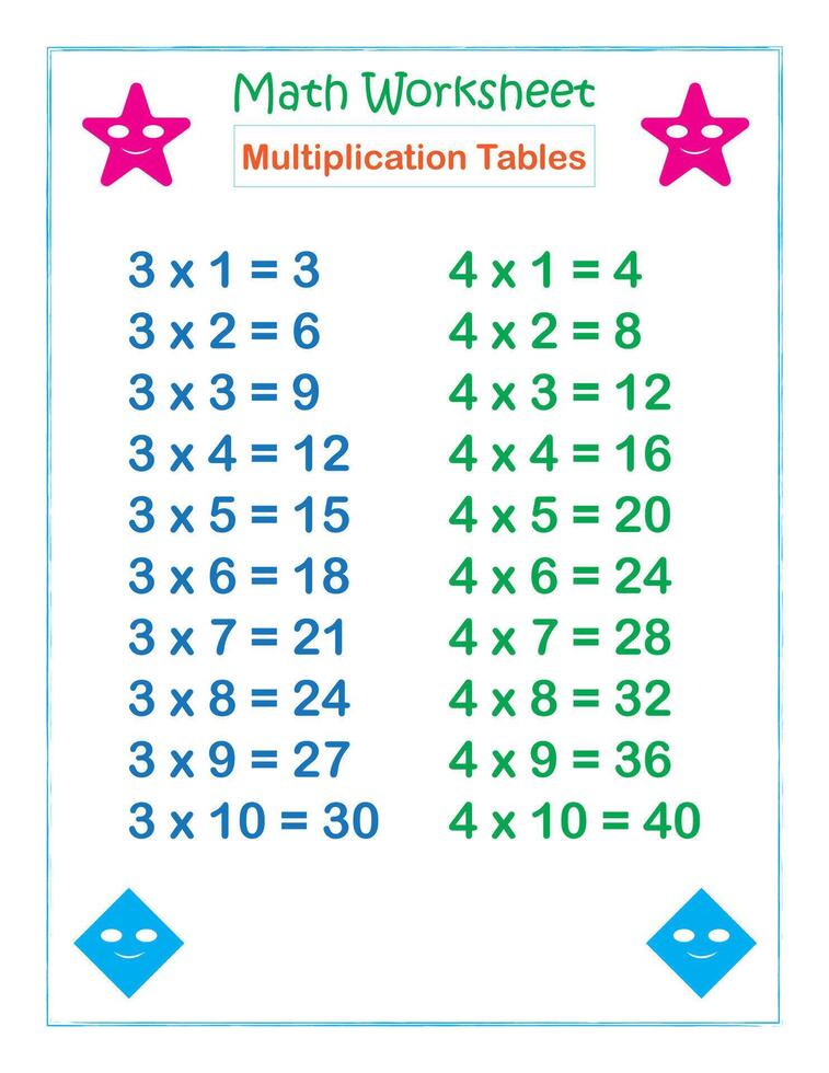 matemática planilha multiplicação mesas 3 e 4 vetor