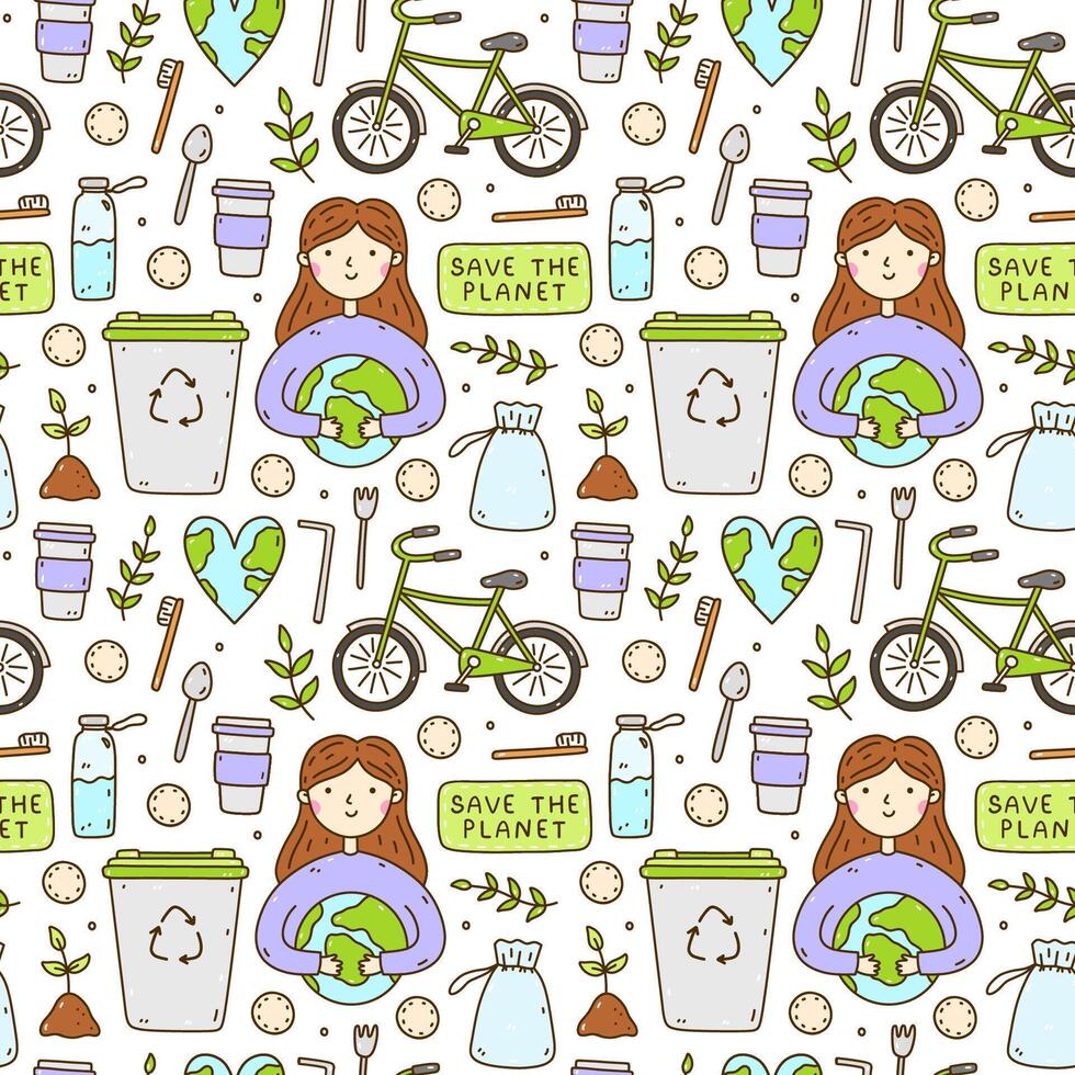 fofa desatado padronizar com reciclar e reutilizável produtos - vidro água garrafa, algodão almofadas, aço talheres. uma menina segurando a terra, em forma de coração planeta, bicicleta. zero desperdício, ir verde, Salve  a planeta. vetor