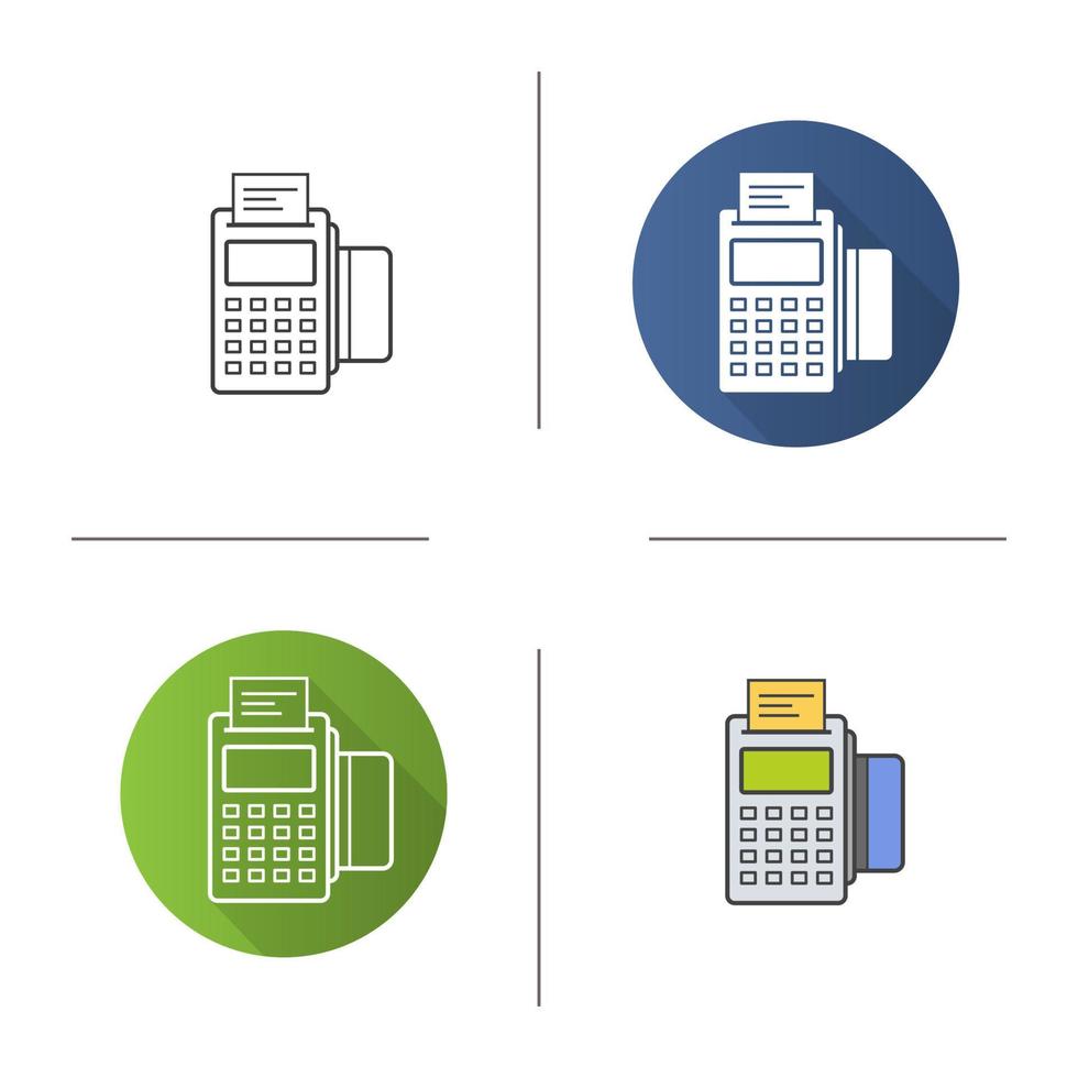 ícone do terminal pos. design plano, estilos lineares e de cores. terminal de pagamento da loja com cheque e cartão de crédito. ilustrações vetoriais isoladas vetor