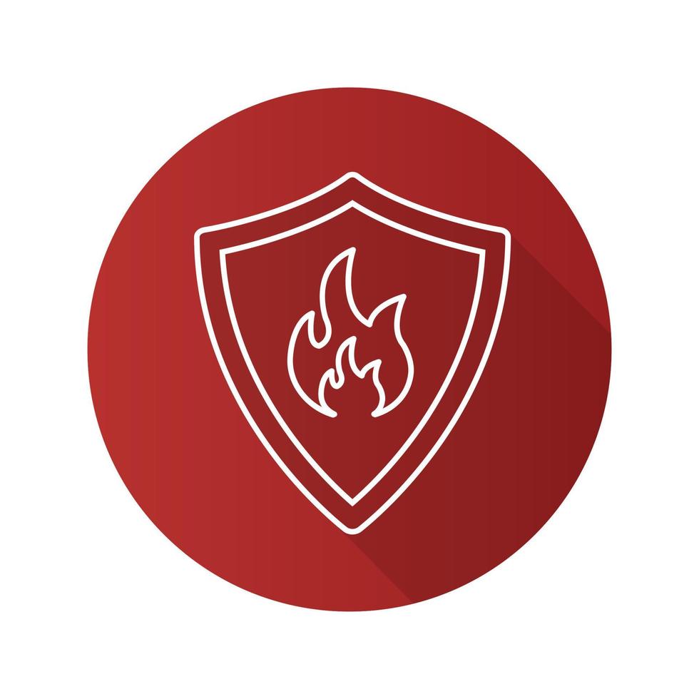 bombeiros distintivo ícone de sombra longa plana linear. escudo de proteção com fogo. símbolo de linha de vetor