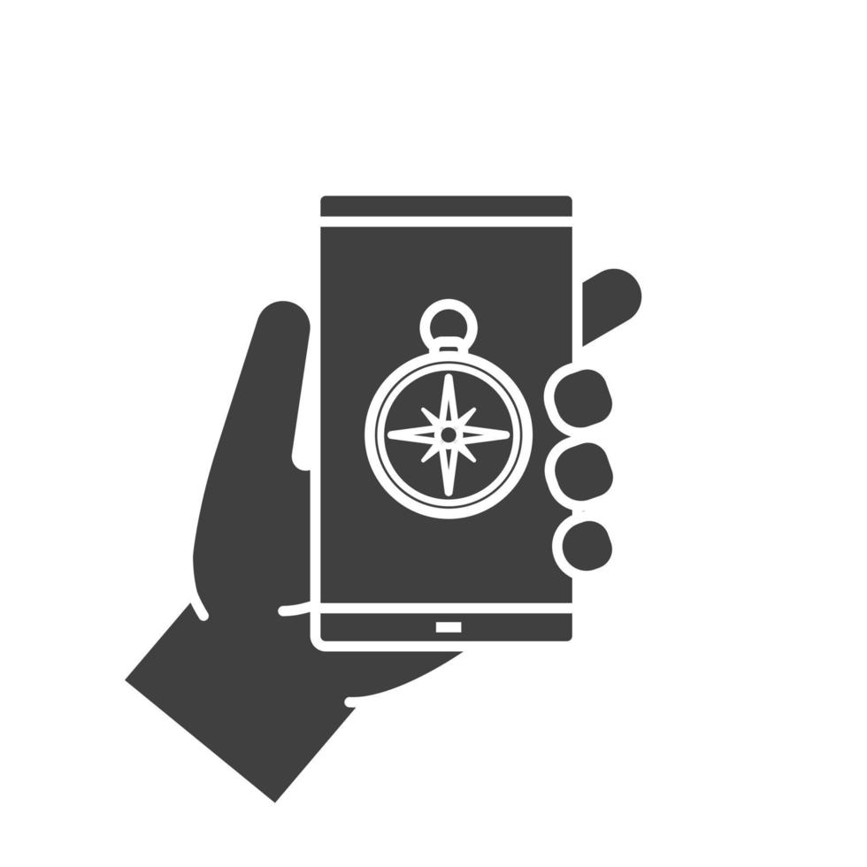 mão segurando o ícone de glifo do smartphone. símbolo da silhueta. aplicativo de localização GPS para telefone inteligente. espaço negativo. ilustração isolada do vetor