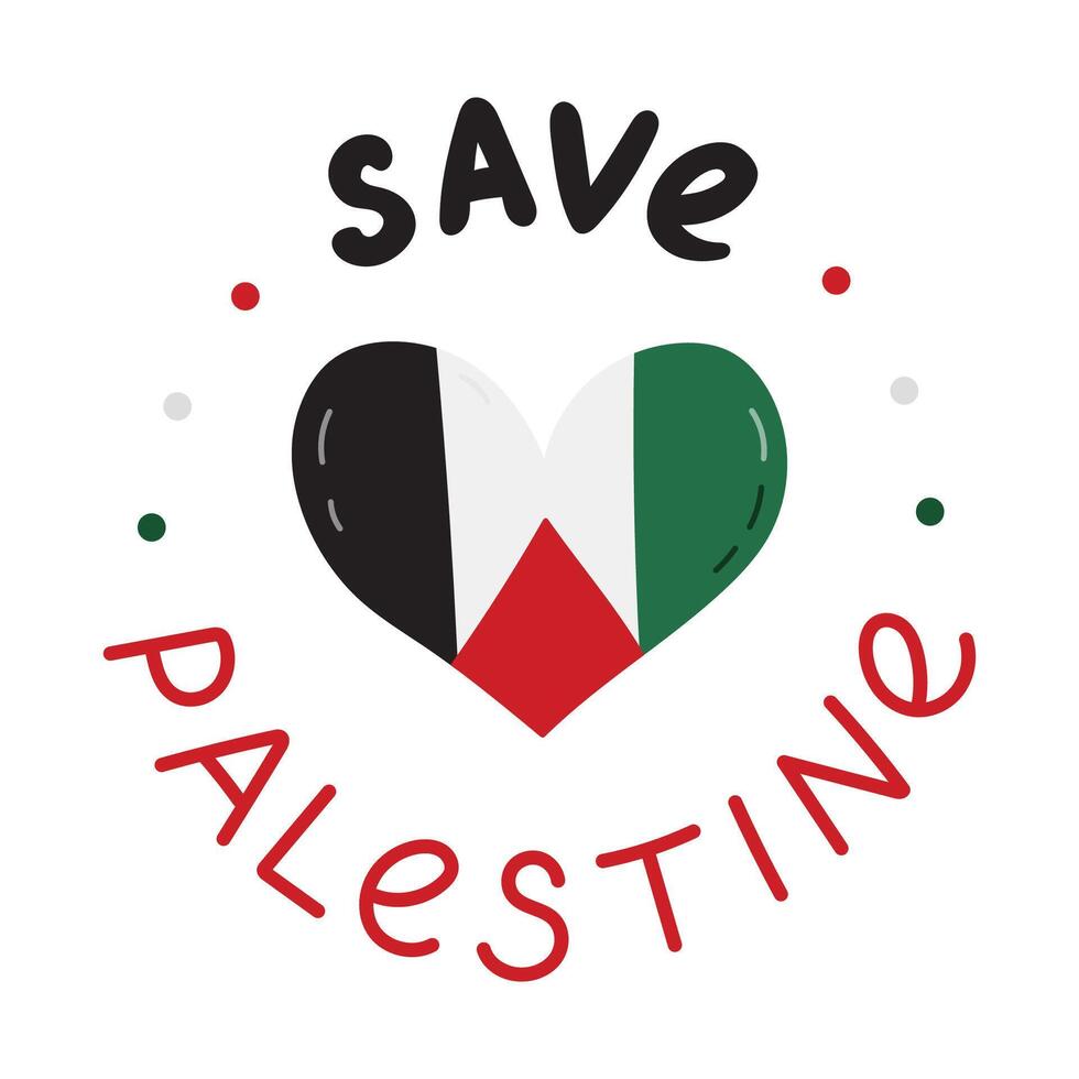 Salve  Palestina poster com letras e gaza bandeira dentro a forma do coração. conceito do Apoio, suporte e ficar de pé com Palestina. simples mão desenhado clipart para poster, bandeira, papel de parede, folheto, t camisa, publicar. vetor