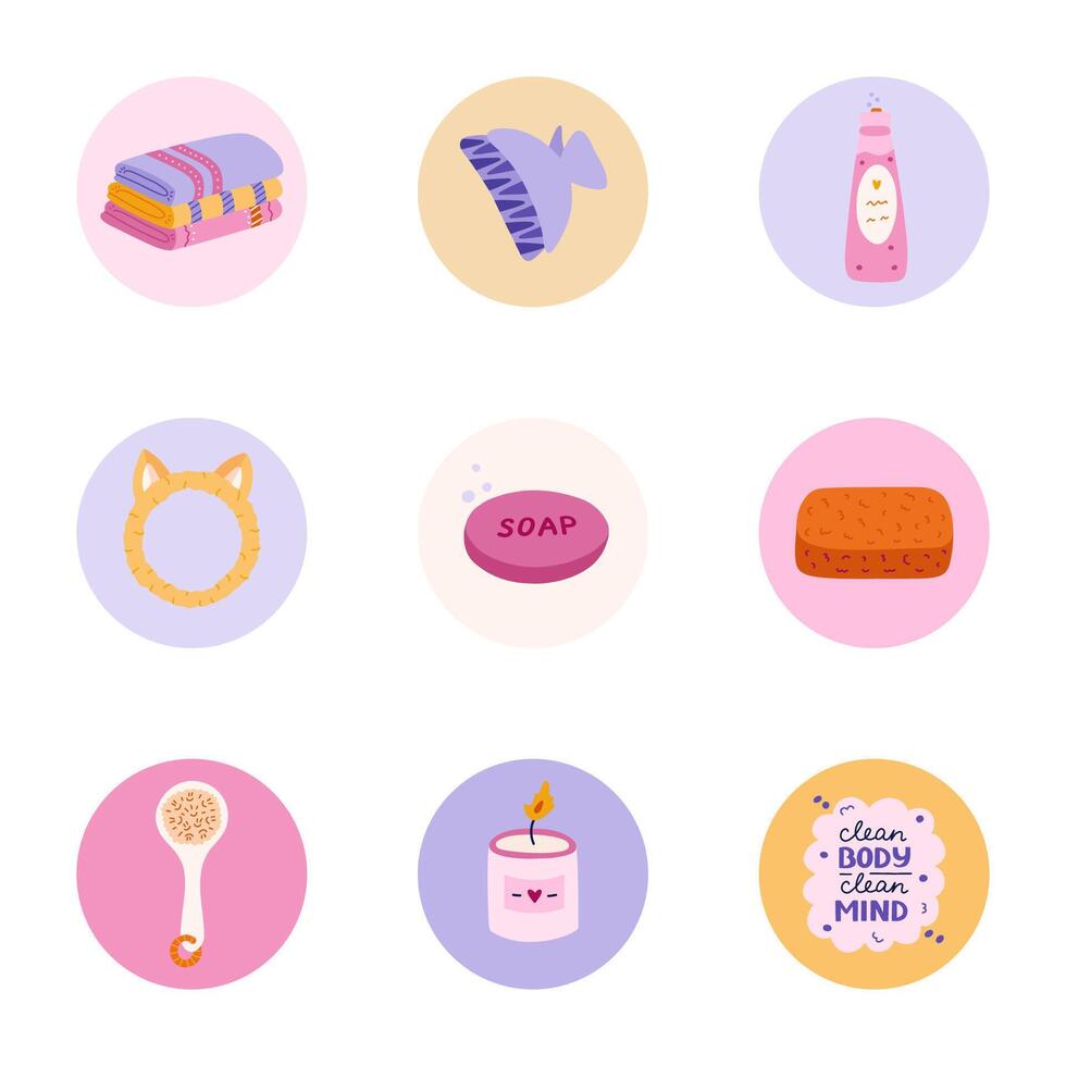 fofa e engraçado volta luzes para social meios de comunicação, blogs, negócios, branding com spa, higiene e banhar ilustrações. cobrir ícones para histórias com Cosmético produtos, lavando Itens clipart. vetor