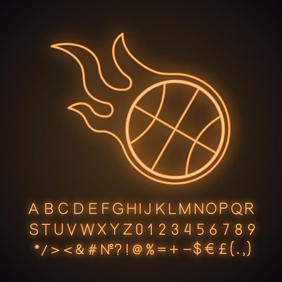 queimando o ícone de luz de néon da bola de basquete. sinal brilhante com alfabeto, números e símbolos. ilustração isolada do vetor