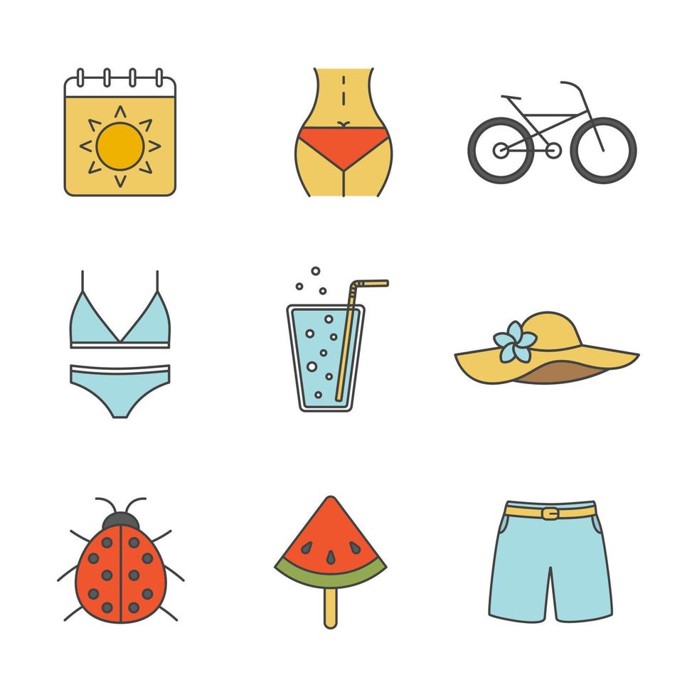 conjunto de ícones de cores de verão. calendário, corpo de mulher, bicicleta, maiô e chapéu de praia, limonada, joaninha, melancia no pau, calção de banho. ilustrações vetoriais isoladas vetor