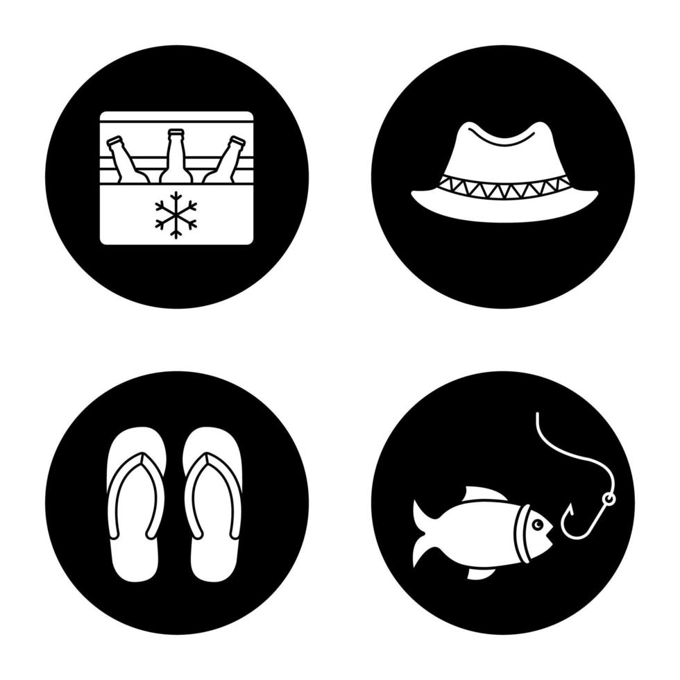 conjunto de ícones de itens de recreação de verão. geladeira portátil com cerveja, chapéu homburg, chinelos, pesca. Ilustrações de silhuetas brancas em círculos pretos vetor