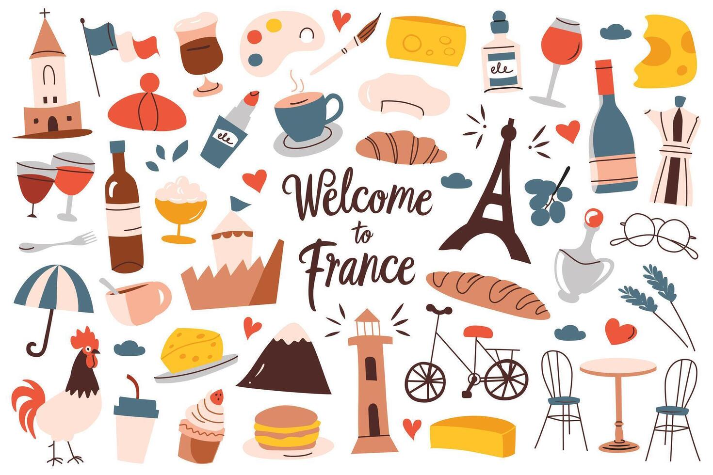 França símbolos mão desenhado coleção, ícones do eifel torre, queijo, croissant, viajando dentro Paris, turismo ilustrações, famoso francês passeio turístico, conjunto do vinho e bandeira rabiscos vetor