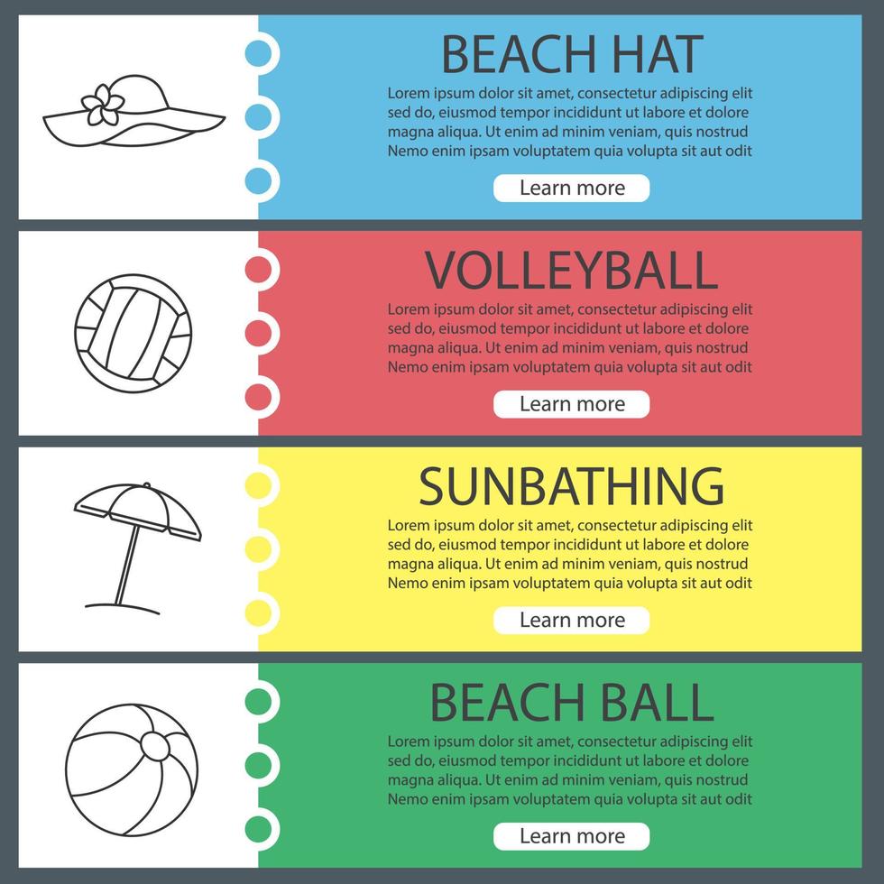 conjunto de modelos de banner da web de verão. vôlei e bolas de praia, chapéu, guarda-chuva. itens de menu de cores do site com ícones lineares. conceitos de design de cabeçalhos de vetor