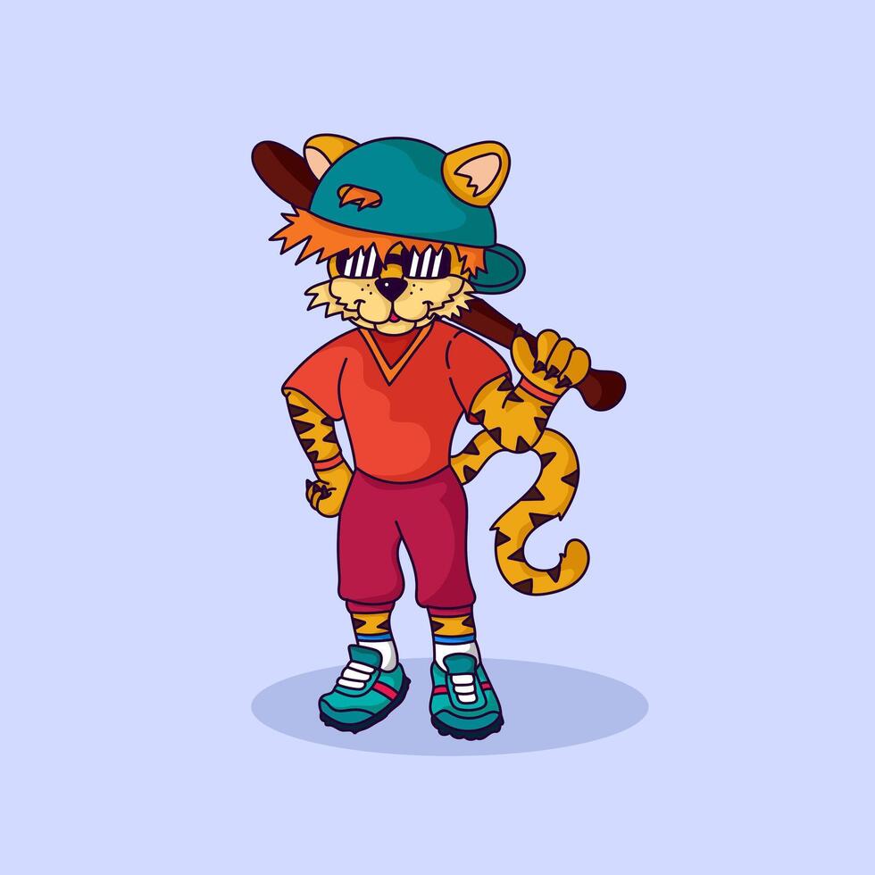 fofa tigre jogando beisebol ilustração para tecido, têxtil e impressão vetor