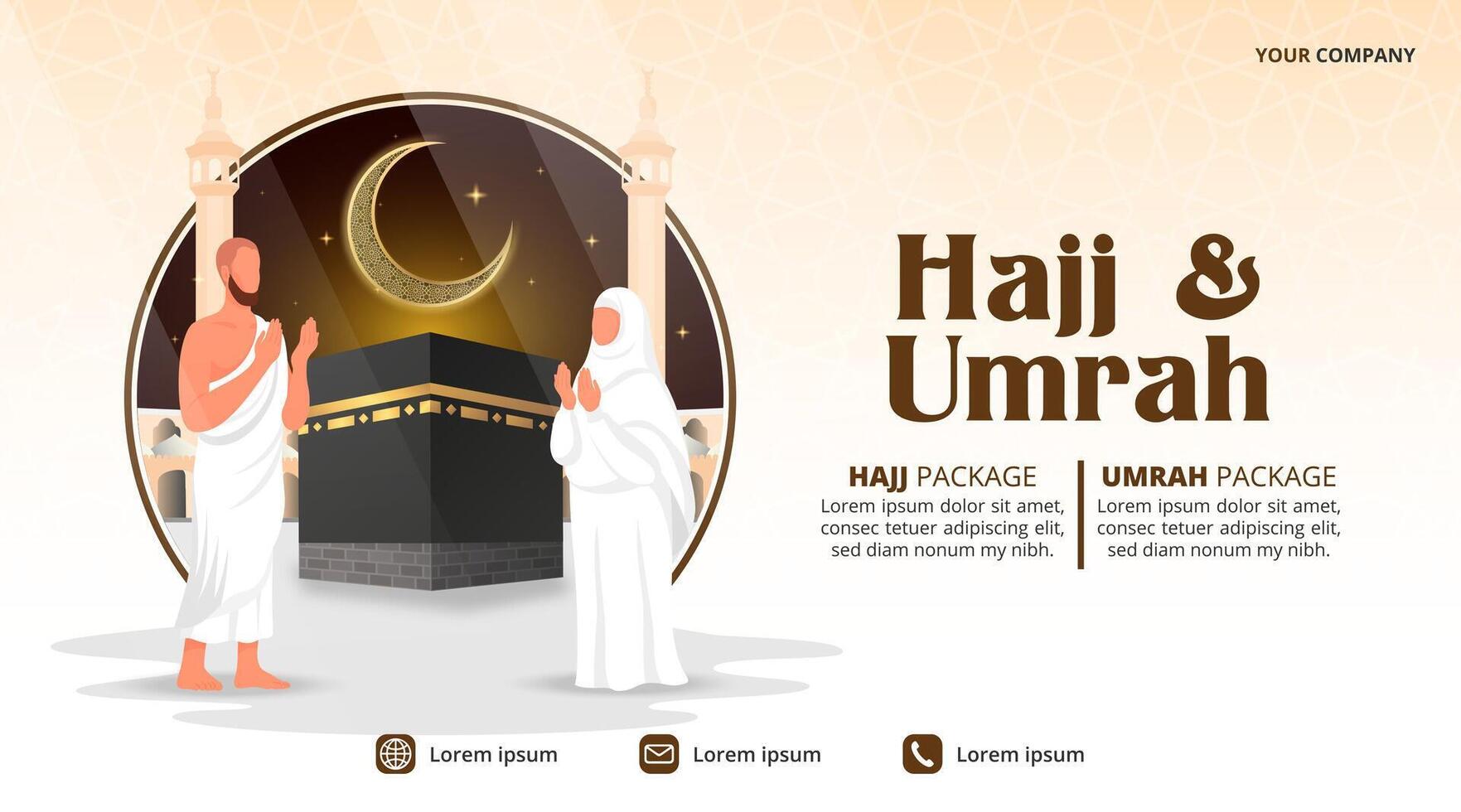 hajj e umrah bandeira com kaaba e peregrino vetor