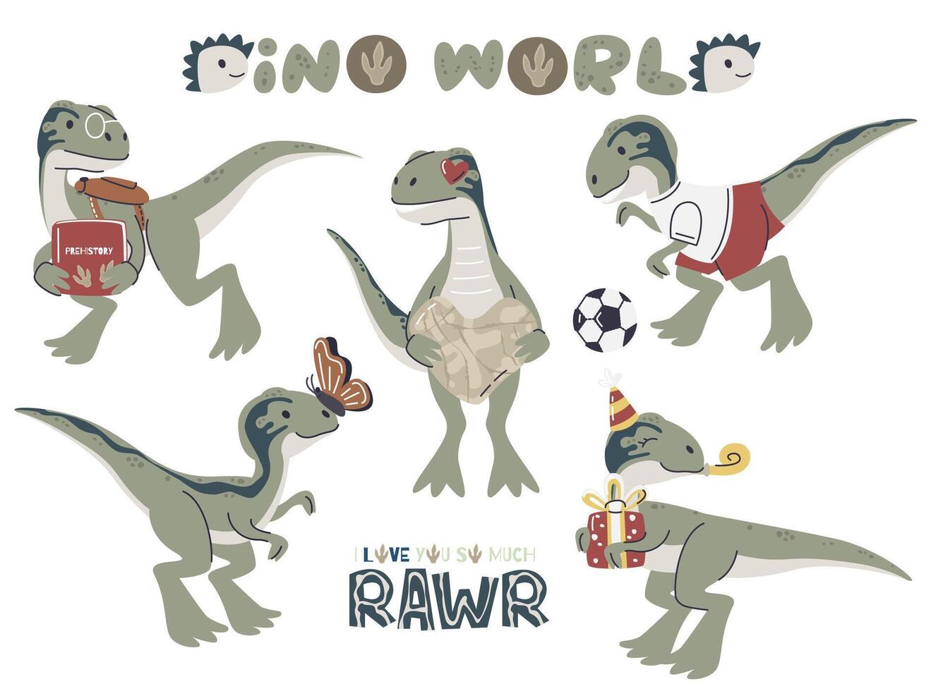 dinossauro personagem adesivo coleção isolado em branco. dino bebê animal Como colegial, jogando futebol e aniversário garoto. velociraptor infantil personagem definir. dino mão desenhado plano ilustração vetor