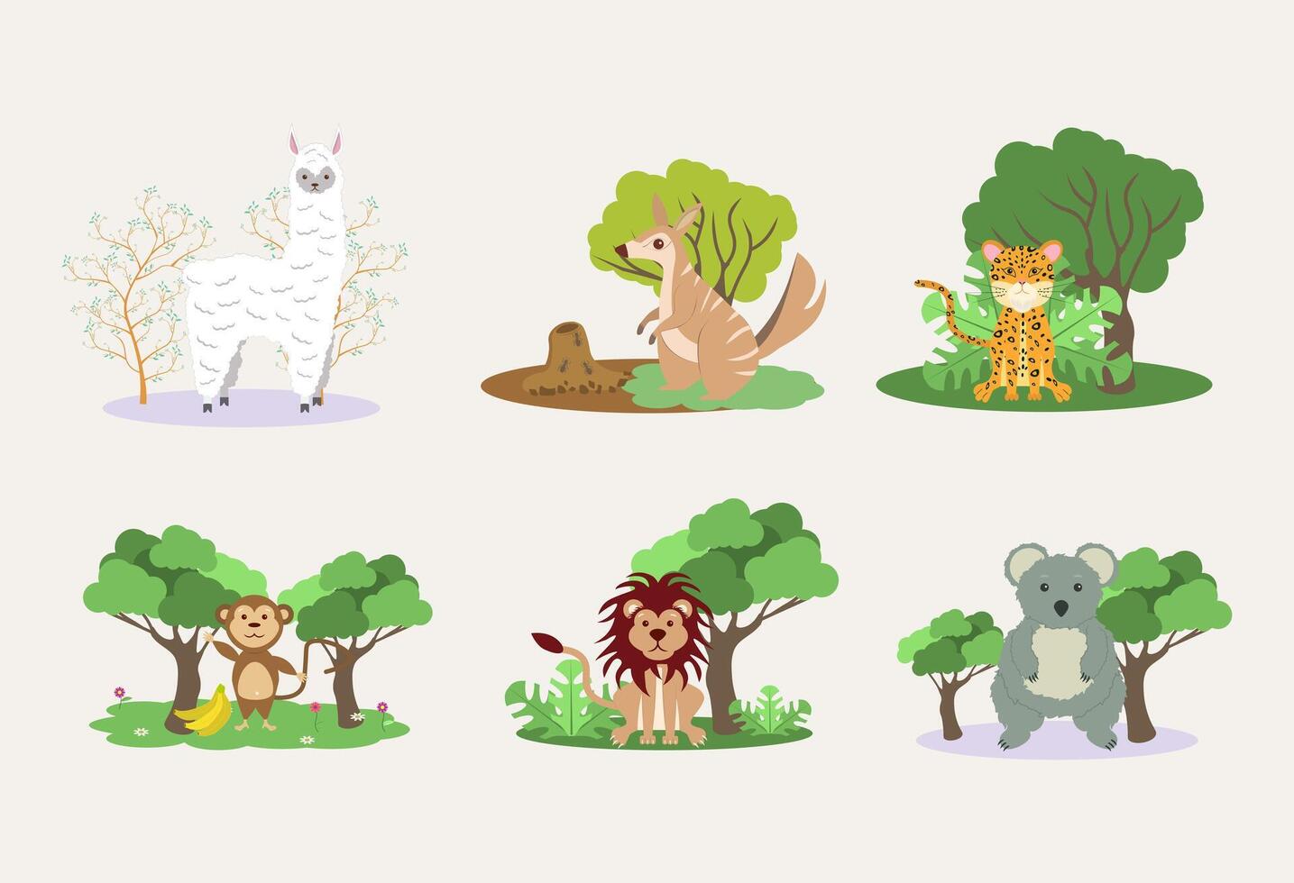 animais alpaca, jaguar, leão, macaco, coala e numbat. colorida ilustração vetor