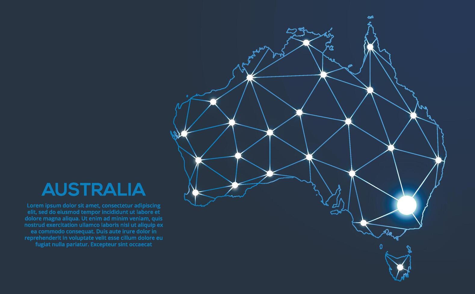 Austrália comunicação rede mapa. baixo poli imagem do uma global mapa com luzes dentro a Formato do cidades. mapa dentro a Formato do uma constelação, mudo e estrelas vetor