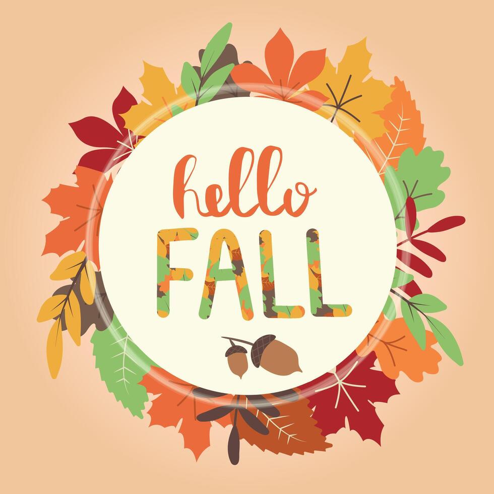 outono guirlanda com outono folhas, outono elementos e letras Olá cair. brilhante volta quadro, fundo com cópia de espaço e rotulação. vetor