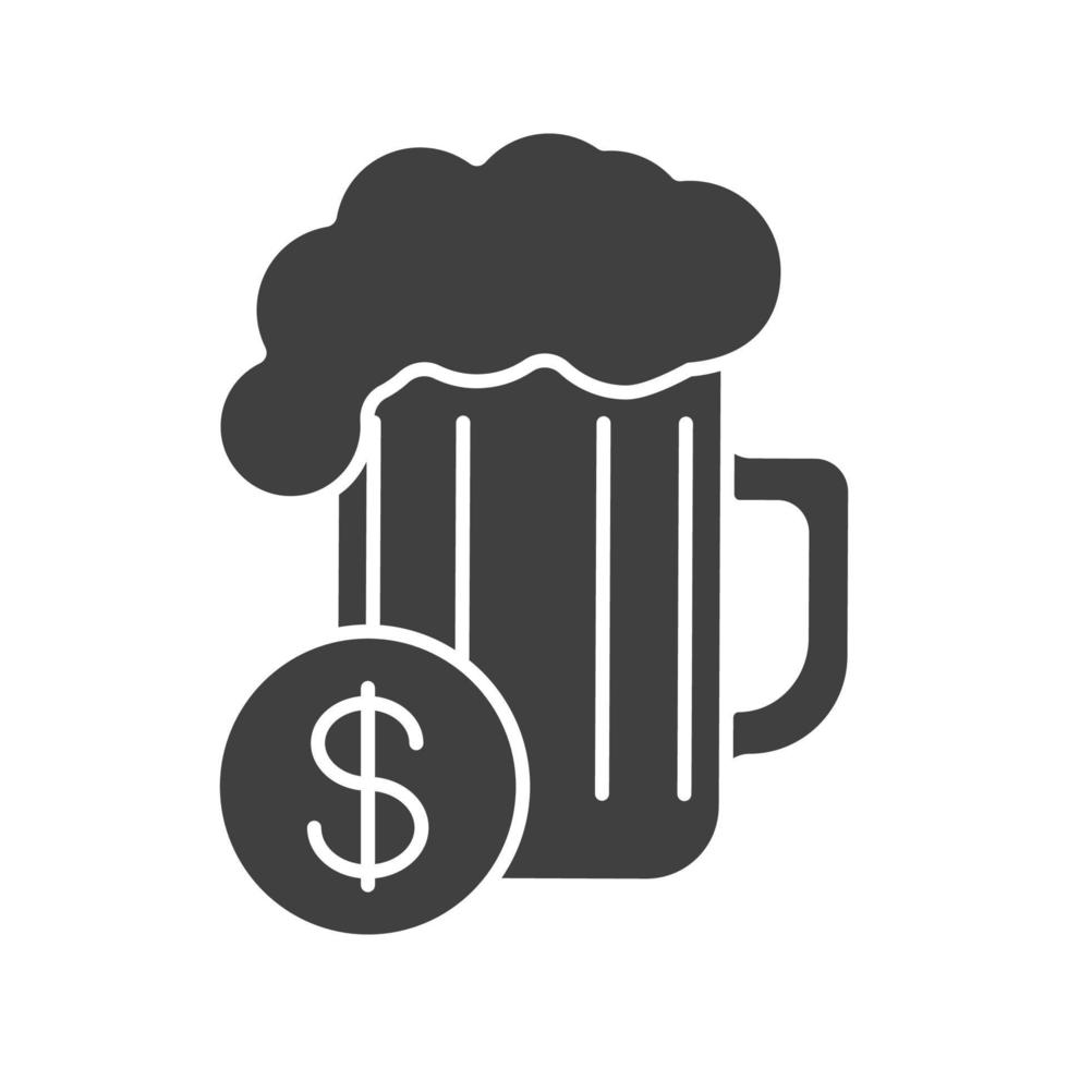 comprar o ícone de glifo de cerveja. símbolo da silhueta. copo de cerveja e cifrão. espaço negativo. ilustração isolada do vetor