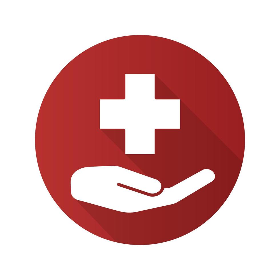ícone de sombra longa de design plano de cuidados médicos. mão segurando uma cruz médica. símbolo da silhueta do vetor