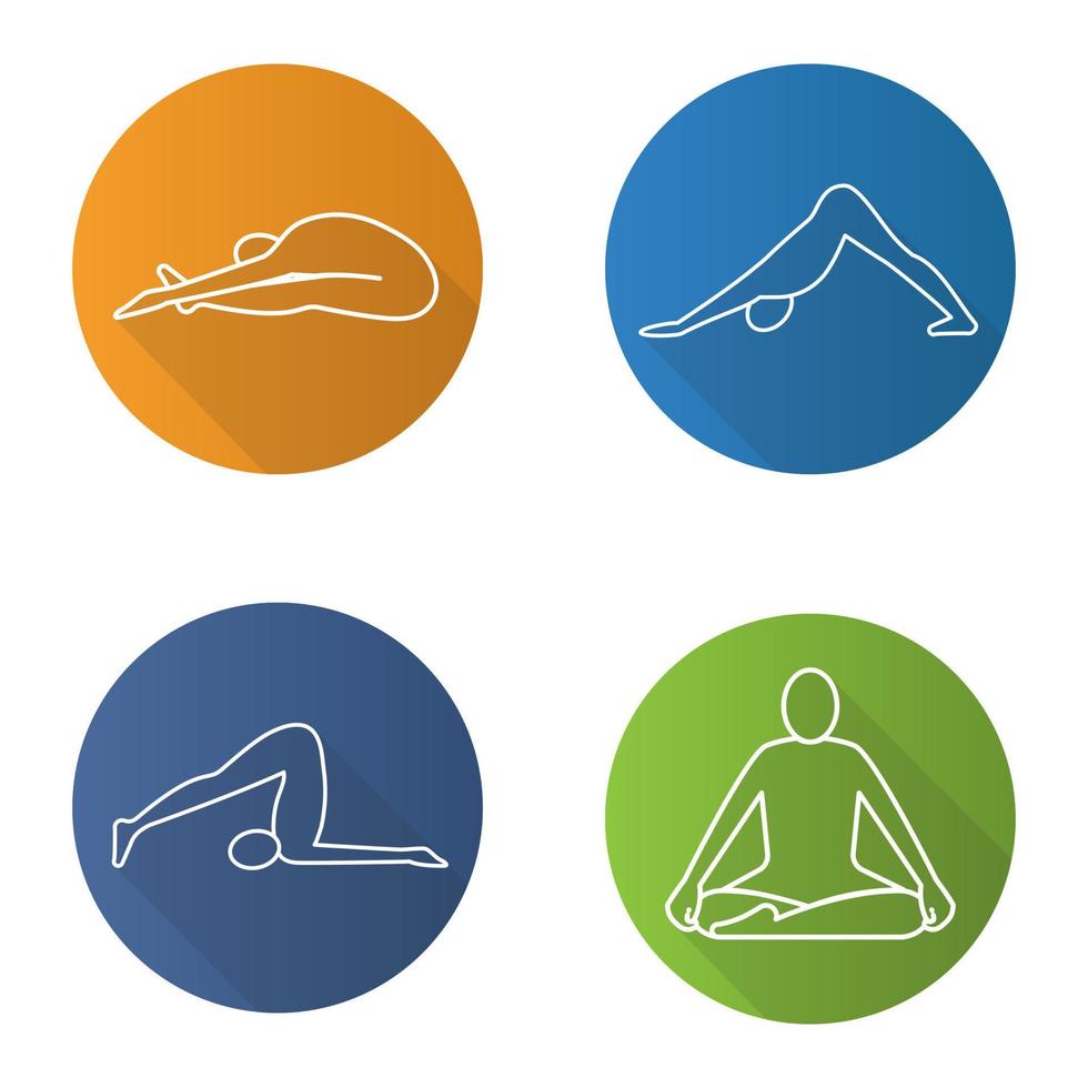 conjunto de ícones de sombra longa plana linear de asanas de ioga. paschimottanasana, halasana, adho mukha svanasana, posições de ioga siddhasana. ilustração de linha vetorial vetor