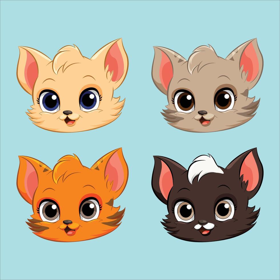 quatro desenho animado gatos com diferente olhos e rostos vetor