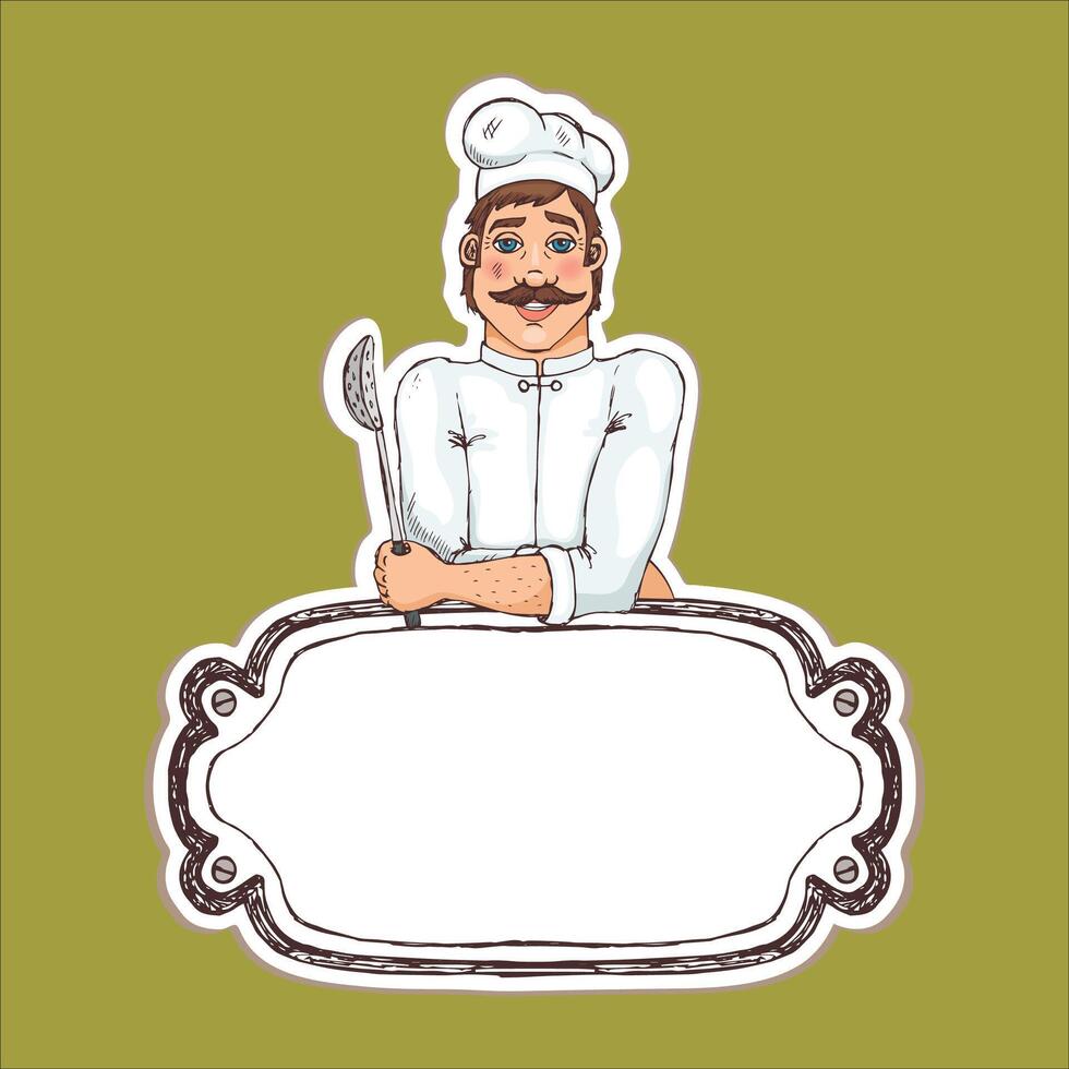 chefe de cozinha segurando uma garfo e colher com uma em branco placa vetor