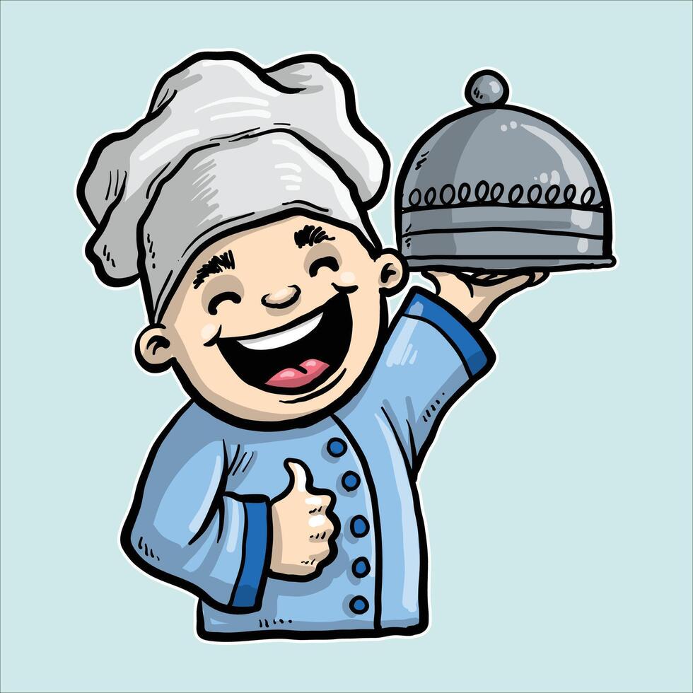 desenho animado chefe de cozinha segurando uma bandeja com uma prato vetor