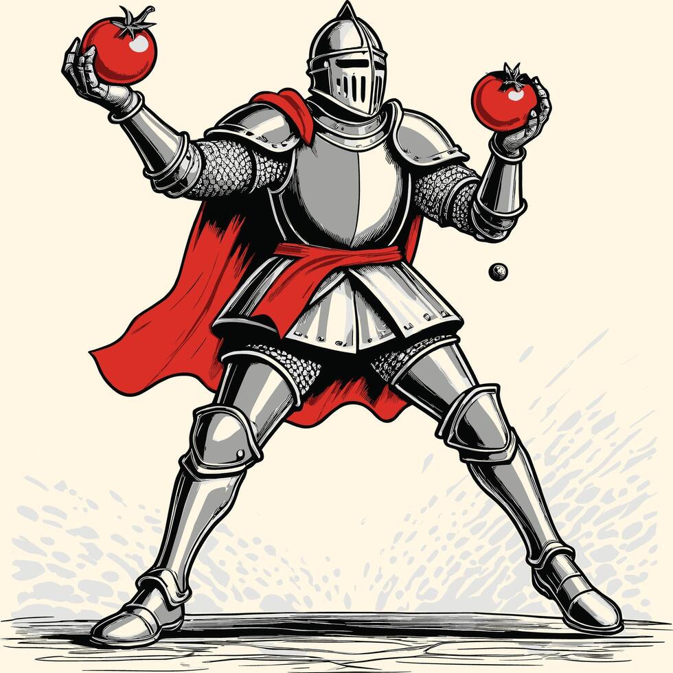 cavaleiro jogando tomates e vestindo medieval armaduras gravado estilo vetor