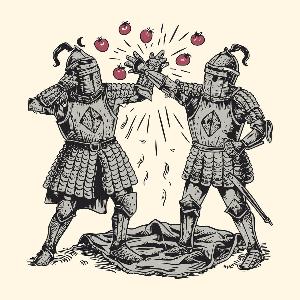 dois cavaleiro brigando e vestindo medieval cavaleiro armaduras rude gravado linha vetor