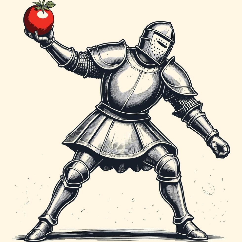 cavaleiro jogando tomate e vestindo medieval armaduras gravado estilo vetor