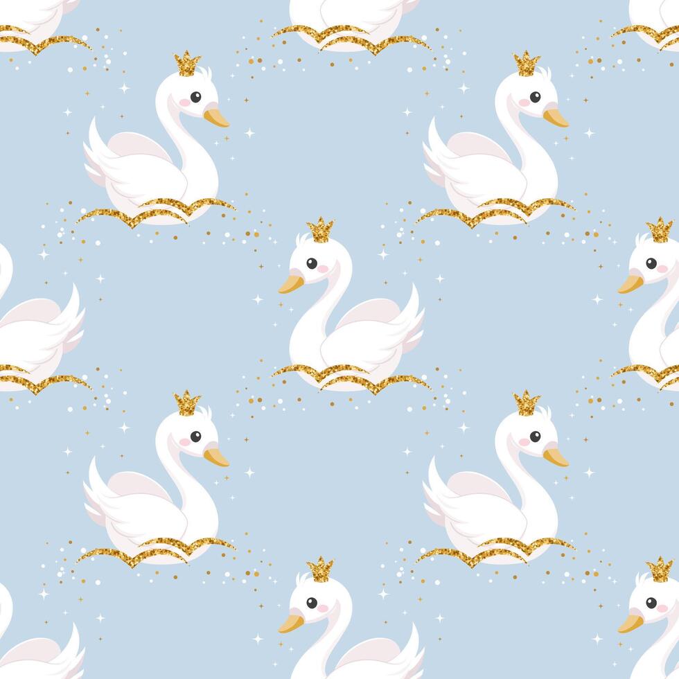 desatado padrão, pequeno cisne Princesa com uma dourado coroa em uma pastel fundo. fofa fundo para decoração uma berçário quarto. vetor