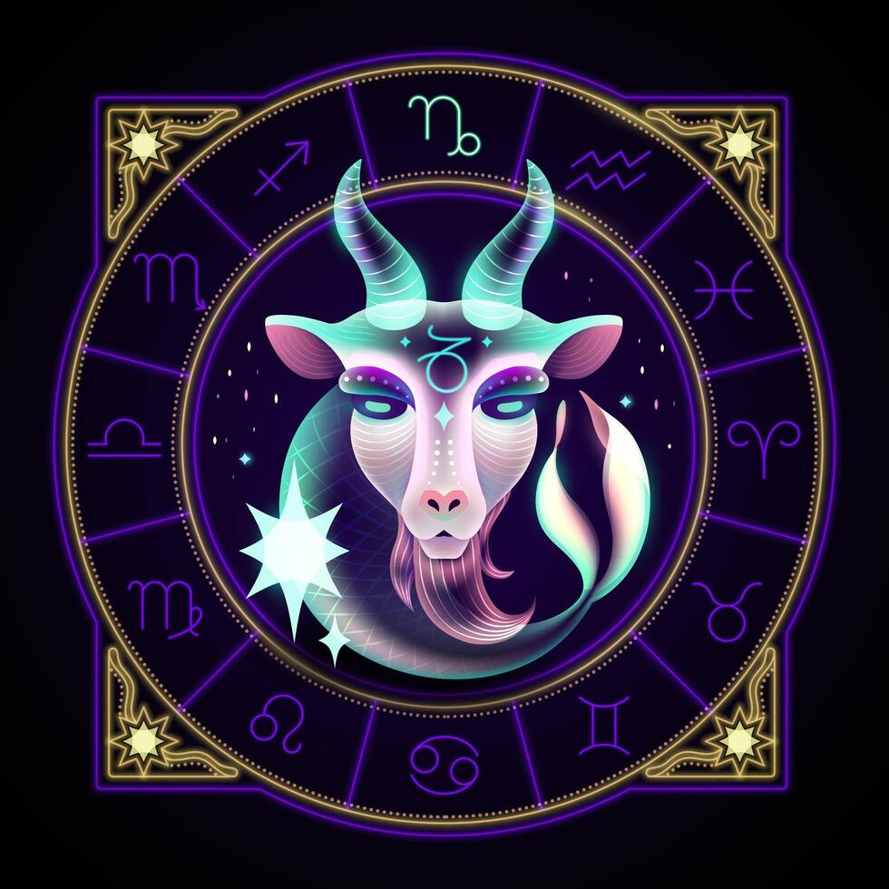 Capricórnio zodíaco placa representado de uma chifrudo bode com uma sereia gostar cauda. néon horóscopo símbolo dentro círculo com de outros astrologia sinais conjuntos em volta. vetor