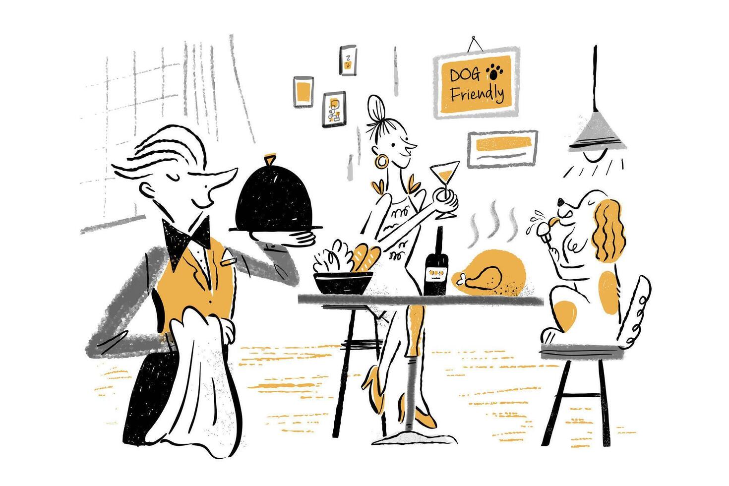 mão desenhado rabisco estilo ilustração do aceita animais de estimação restaurante. garçom servindo Comida com mulher e dela animal cachorro sentado às mesa para apreciar grande refeição. vetor