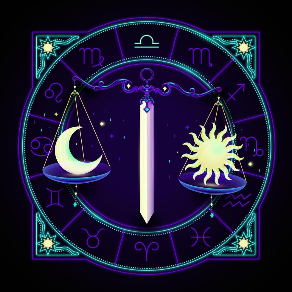 Libra zodíaco placa representado de uma par do espada Saldo balanças para pesar lua e Sol em cada lado. néon horóscopo símbolo dentro círculo com de outros astrologia sinais conjuntos em volta. vetor