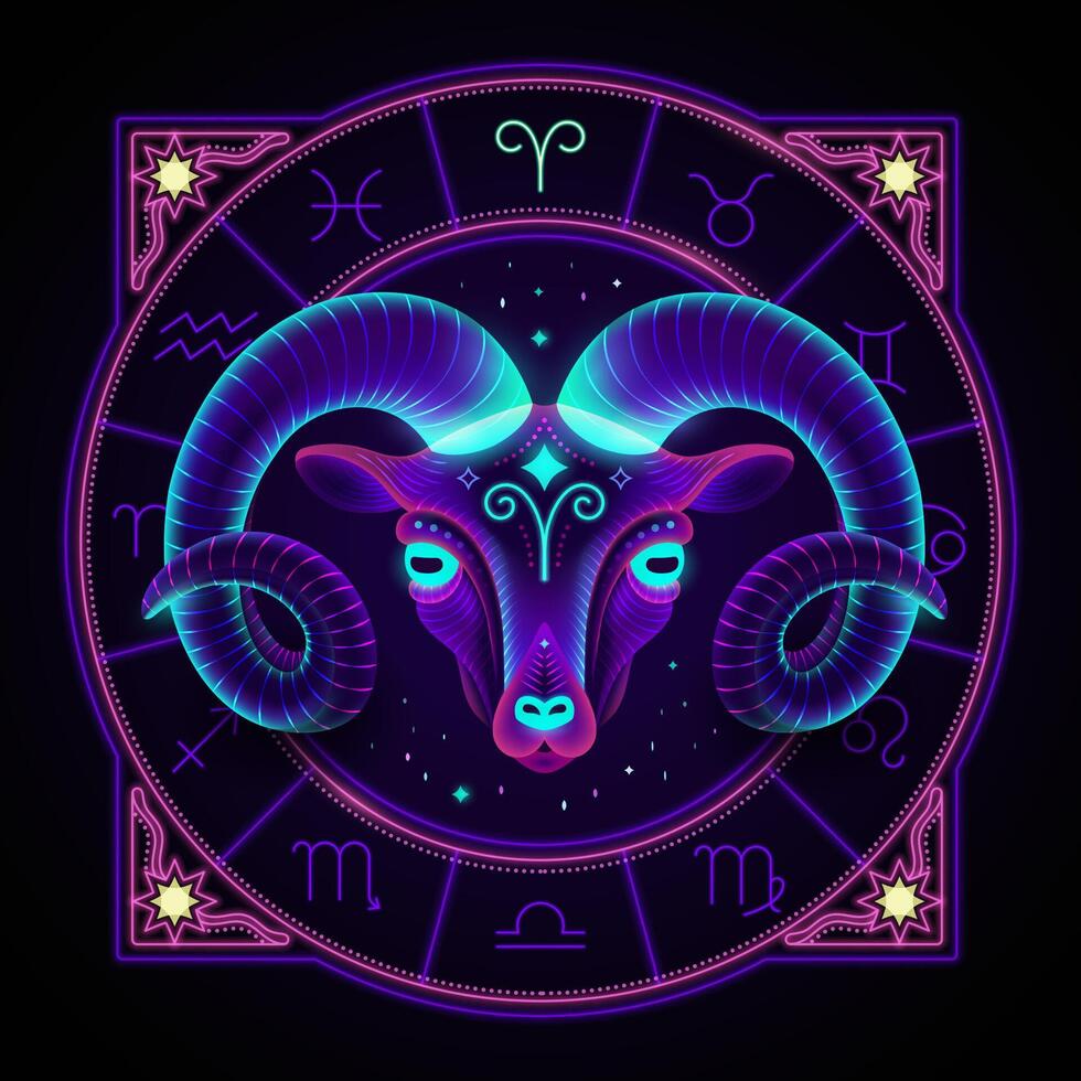 Áries zodíaco placa representado de uma RAM Como a fogo do a espírito. néon horóscopo símbolo dentro círculo com de outros astrologia sinais em volta. vetor