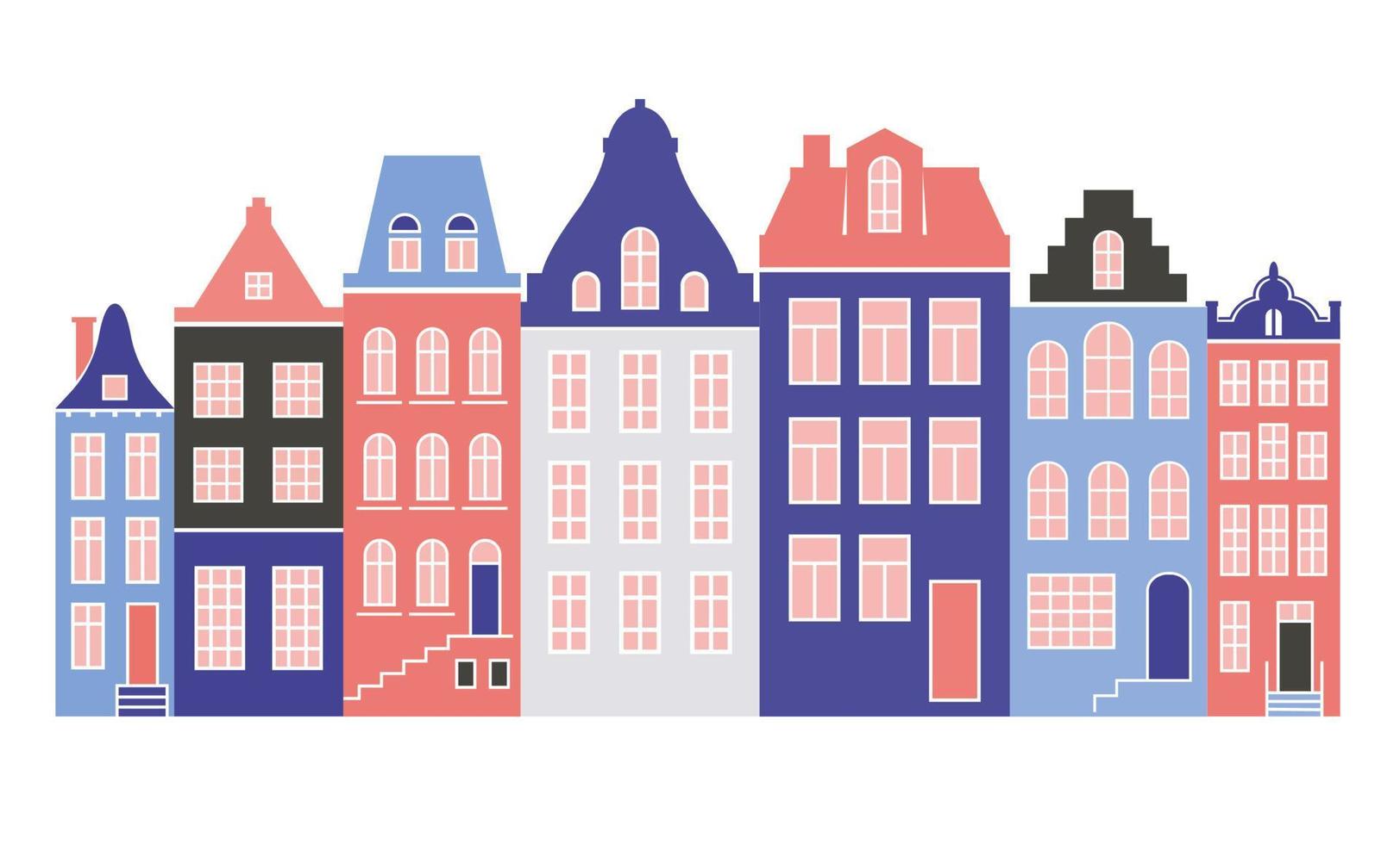 fileira de casas de estilo de Amsterdã. fachadas de edifícios antigos europeus para decoração de natal. ilustração em vetor plana