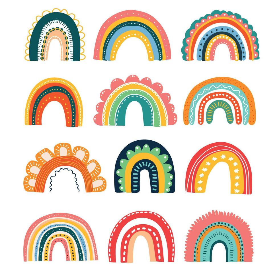 fofa arco Iris cliparts. crianças ilustrações. vetor